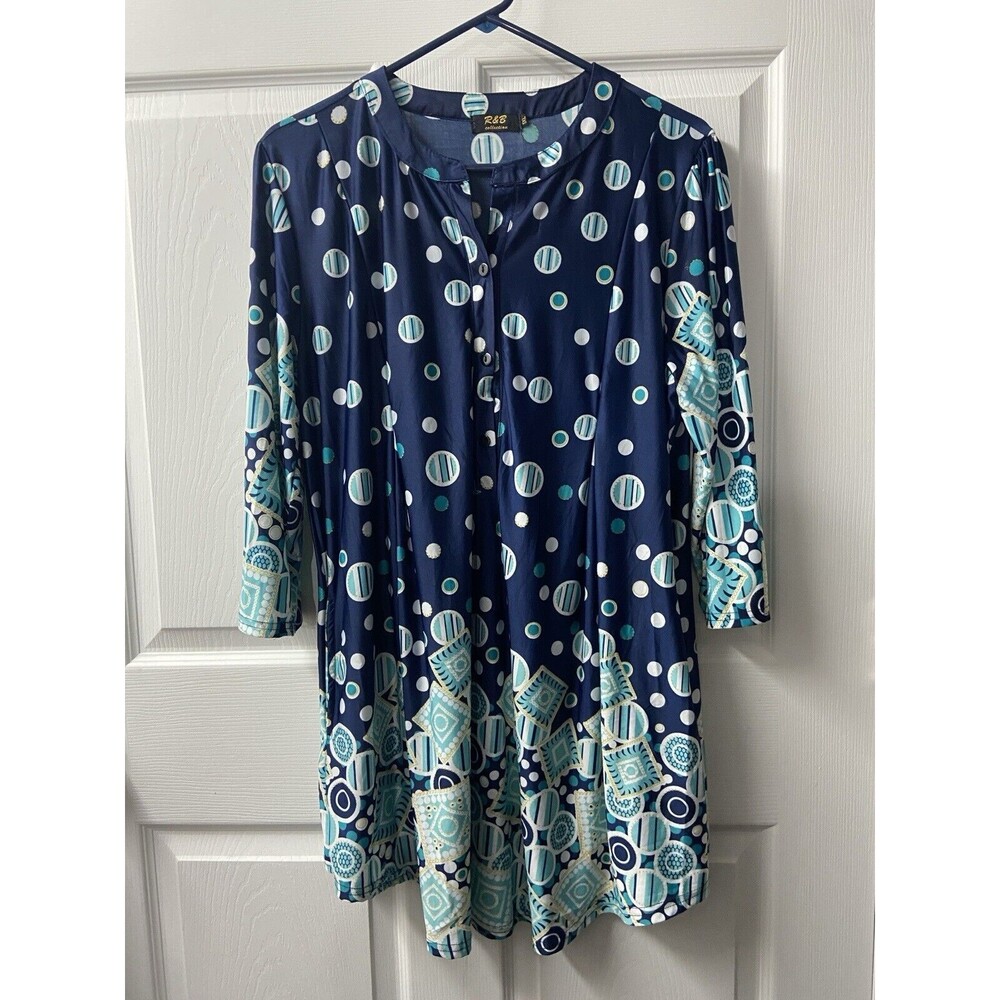 R&B Collection Top Womens  XL Blue Casual Polka Dot Stretch Jersey 3/4 Sleeve